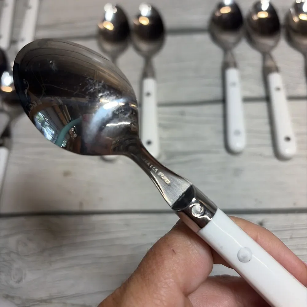 Vintage Flatware 8Teaspoons Stainless Korea White Handle